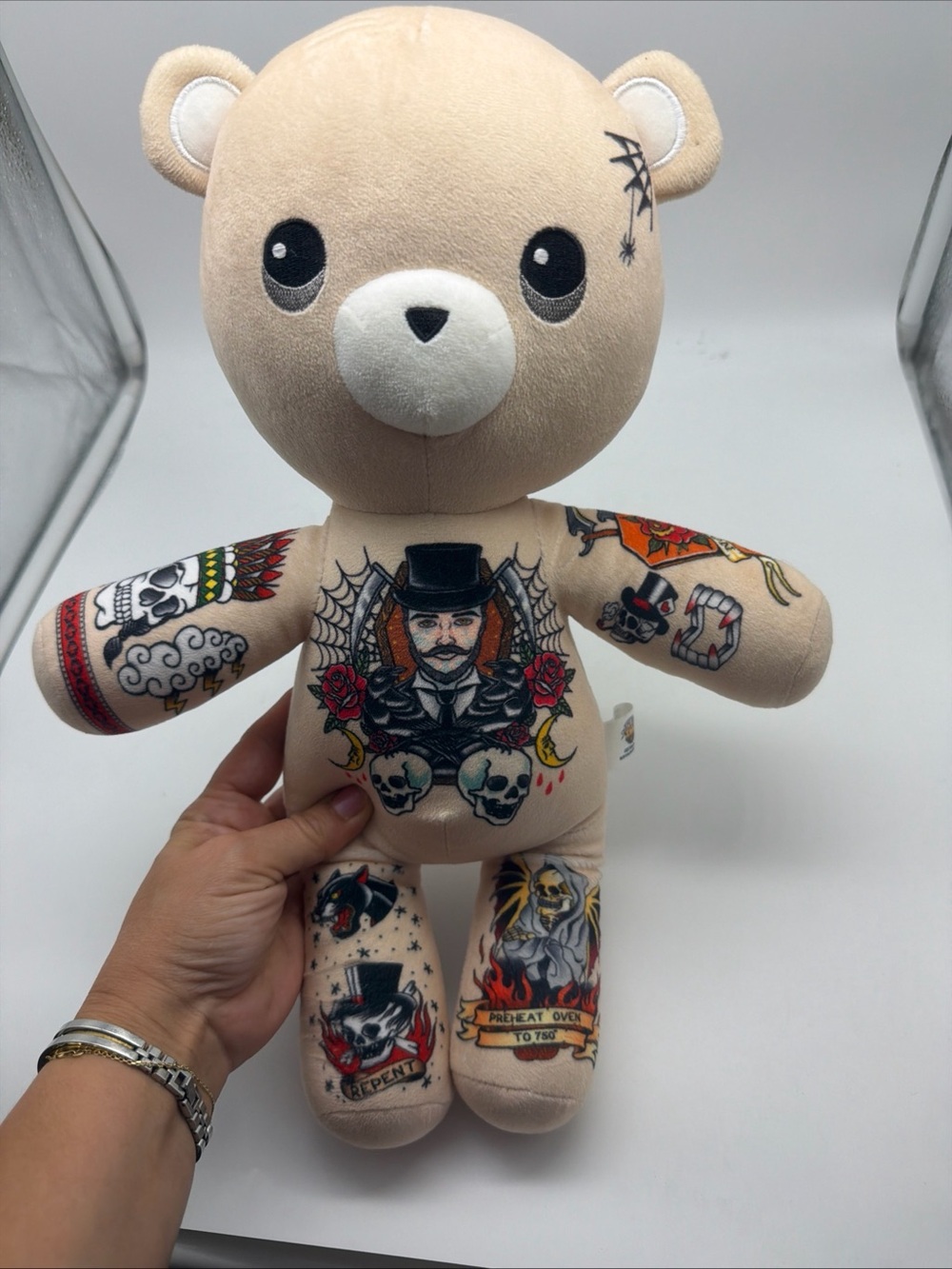 Tattoo Zoo ‘Theo the Undertaker’ 14” stuffed plush teddy bear 3+ beige RARE!!